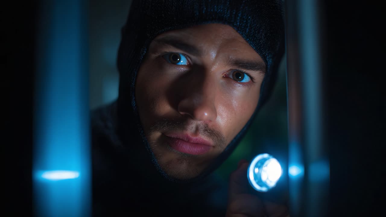 En spændingsfyldt scene udfolder sig. En mystisk figur titter ind gennem en døråbning, oplyst af en lommelygte. Det skaber en stemning af mystik og potentiel fare.