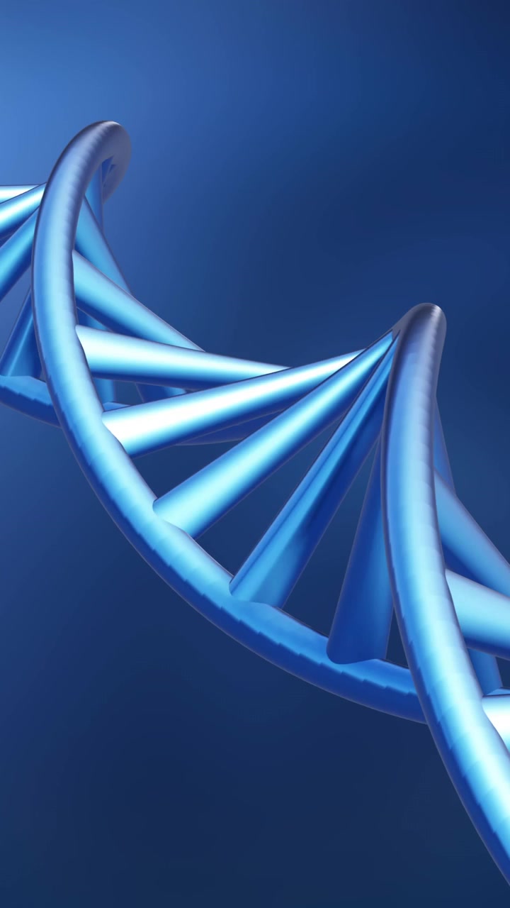 Animazione di un filamento di DNA che gira su sfondo blu
