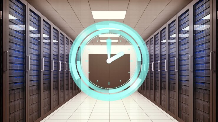 Animation of moving clock over server room
