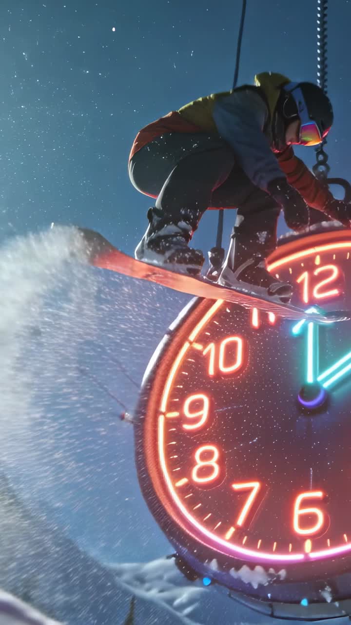 Vertical video: Launching rider aiming to clear neon clock on run after hitting lip, wearing helmet