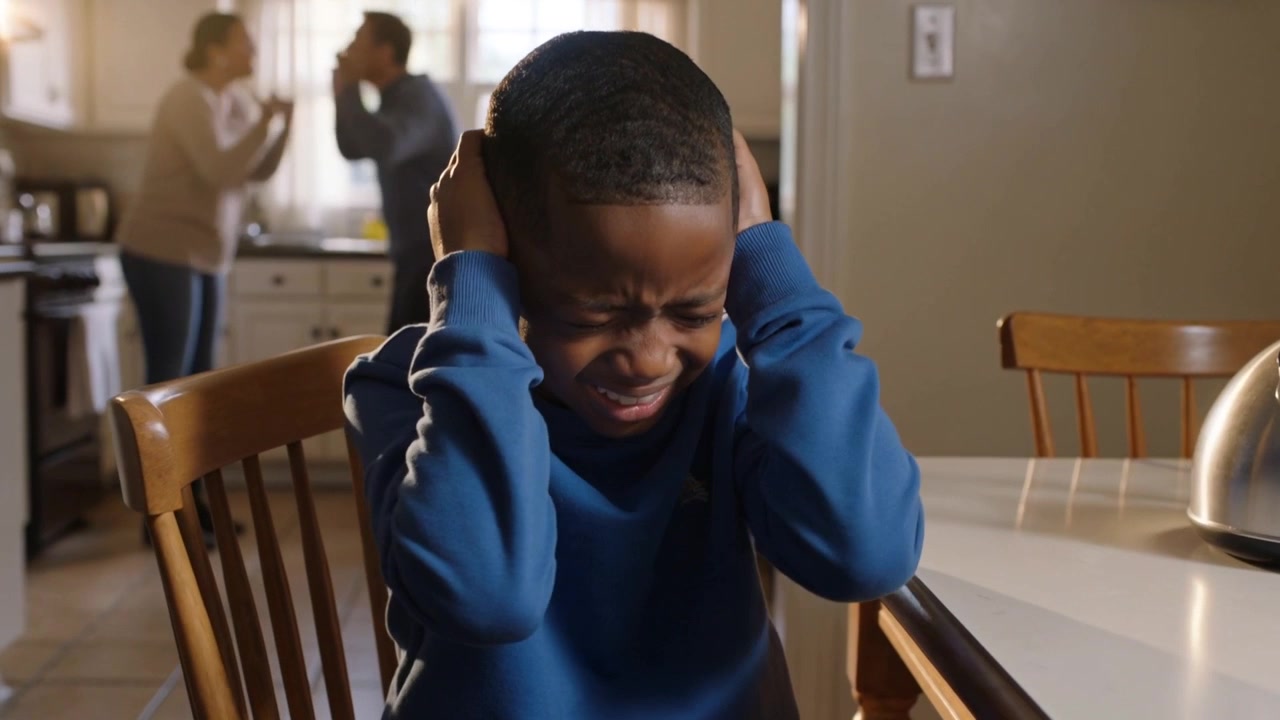 Covering ears, boy in blue sweatshirt blocking noise with parents arguing in kitchen
