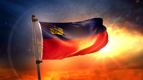 la bandera de liechtenstein retroiluminada en un hermoso ciclo de amanecer en cámara lenta 4k