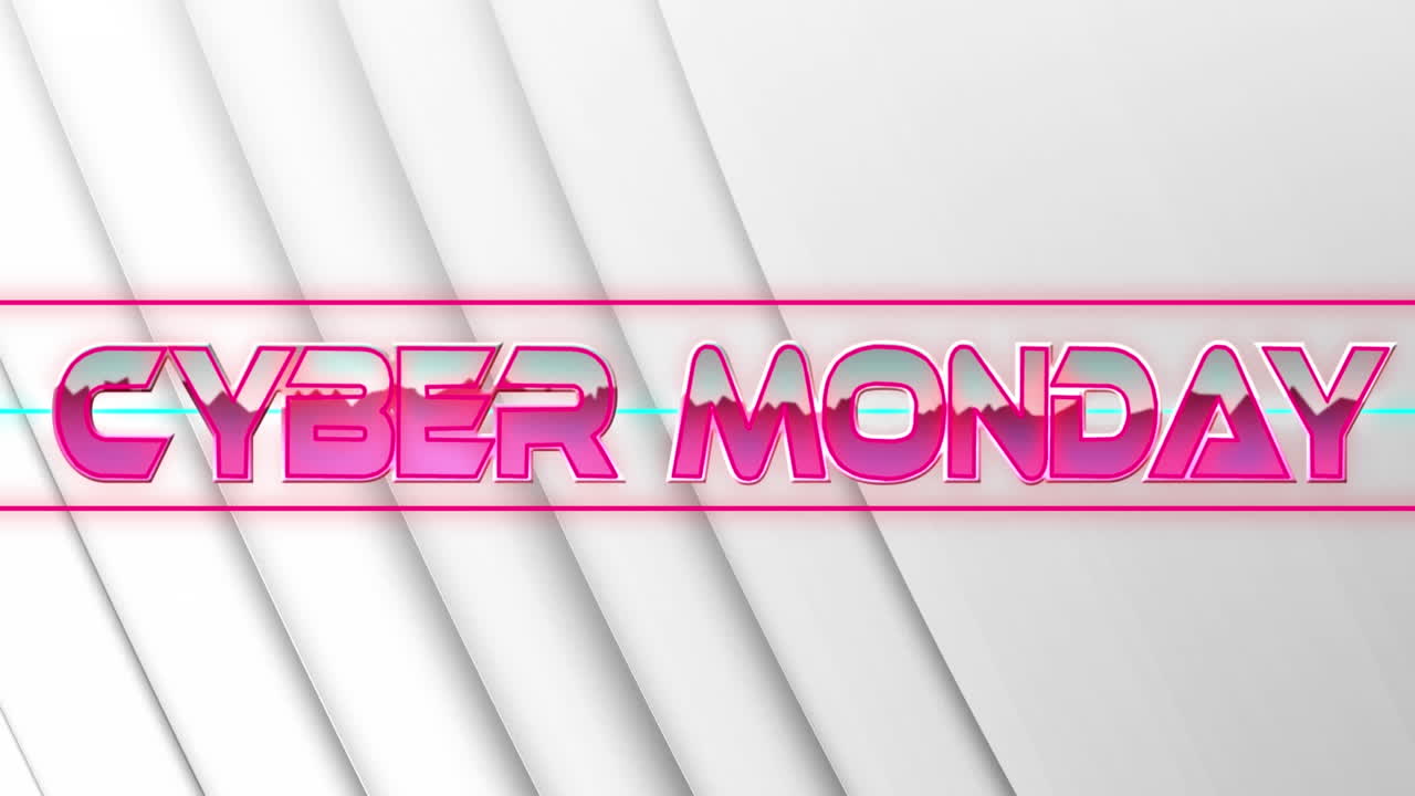 animación del texto del lunes cibernético en letras metálicas rosadas sobre líneas de neón