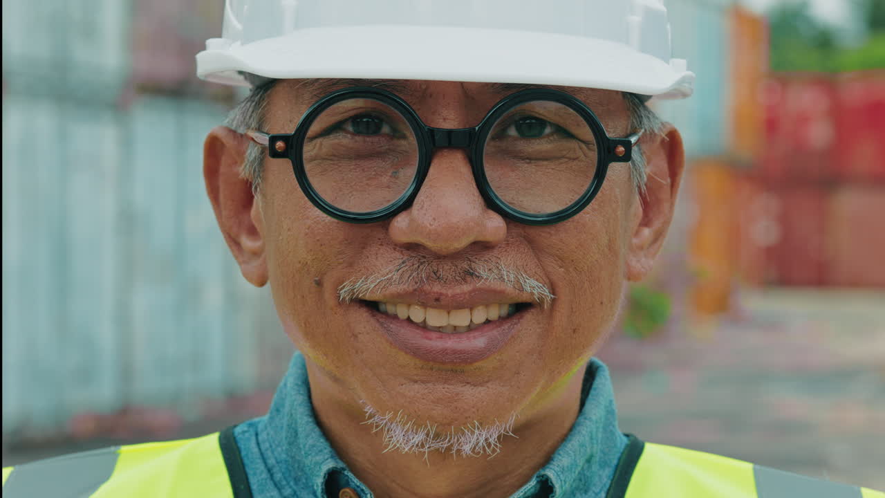 Smiling Engineer in Front of Containers