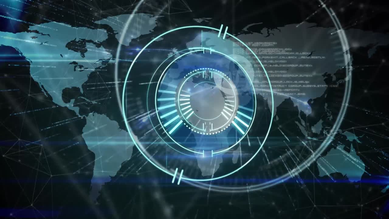 escáner redondo de neón y red de conexiones contra el procesamiento de datos sobre el mapa del mundo