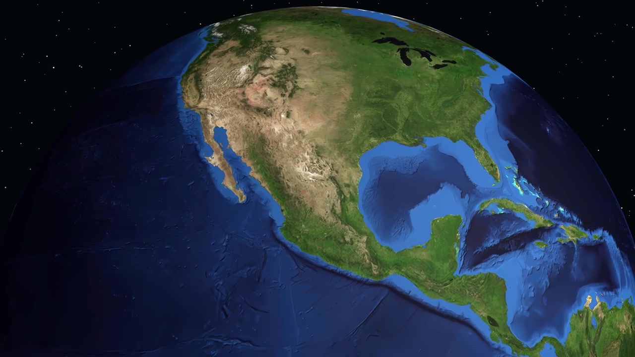 Digital globe rotates and zooms into North America, pinpointing Torreon Mexico with population statistics