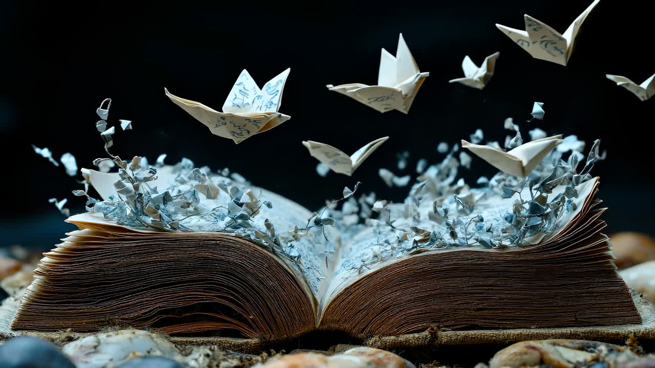 Book with paper birds flying away. Open book rests on a bed of stones, while delicate paper birds soar into the air, adding a magical touch to the scene
