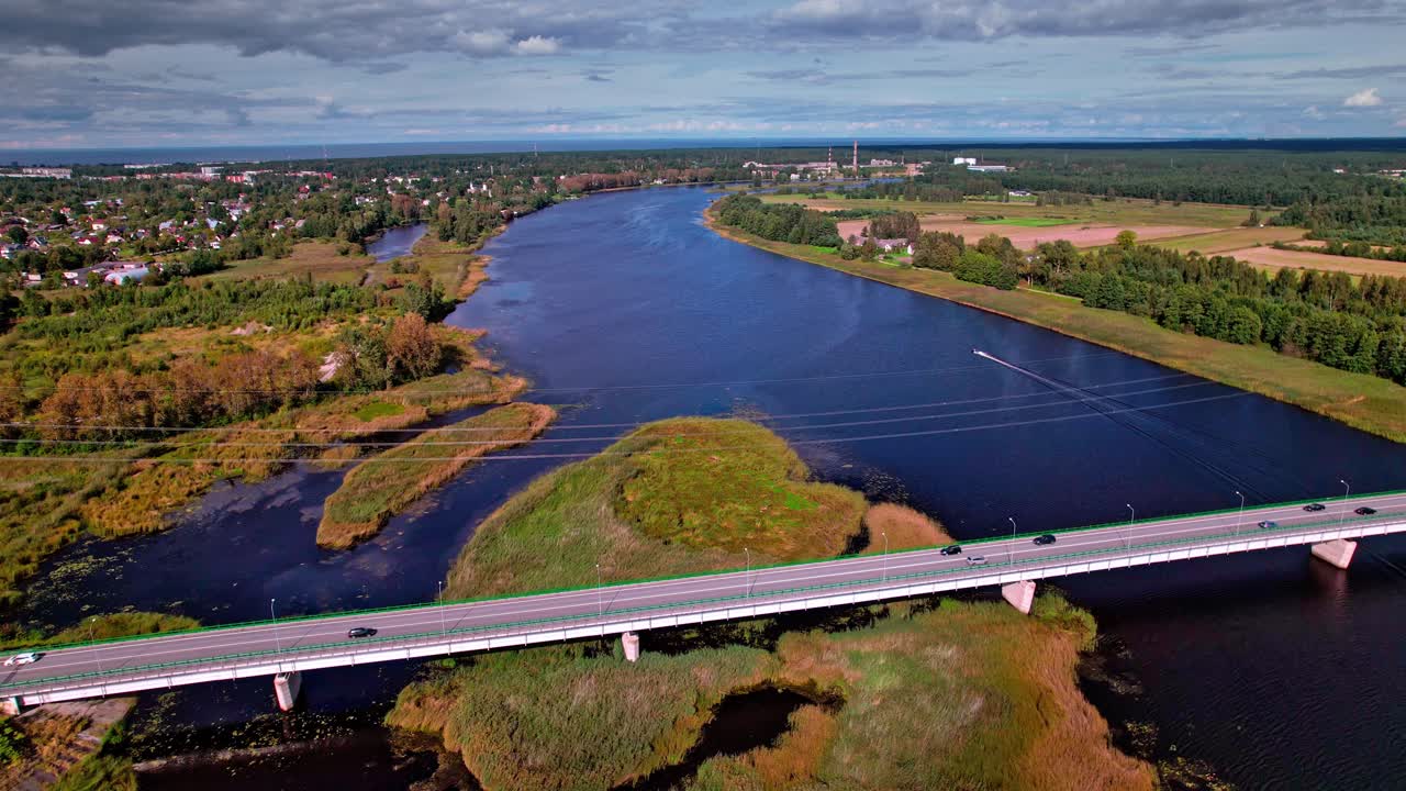 Vibrant riverscape of Latvia seen from the sky during a sunny day