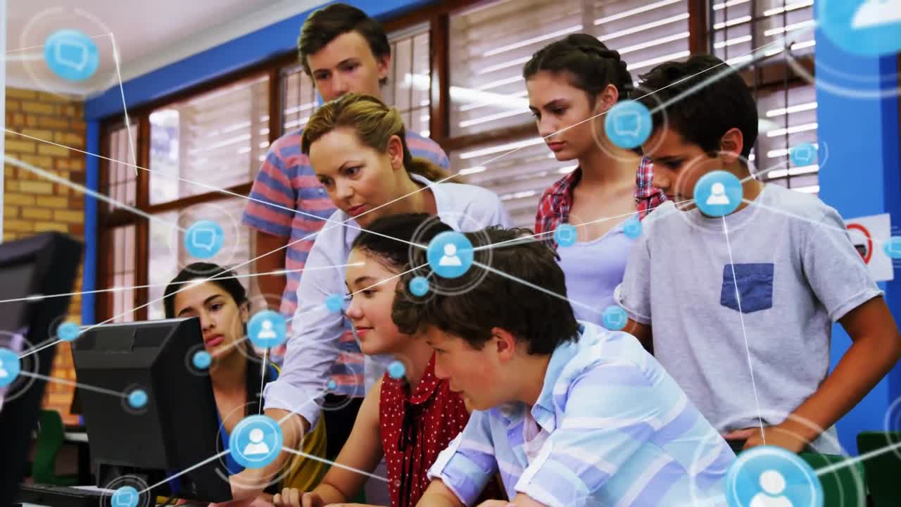 컴퓨터를 사용하는 여성 교사와 학생 그룹에 대한 연결 아이콘의 네트워크