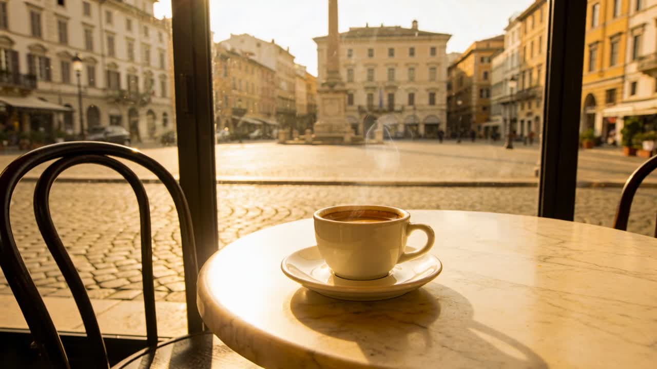 Aproximando a câmera de uma xícara branca sobre uma mesa de mármore junto à janela em um café, centralizando a xícara na luz do sol.