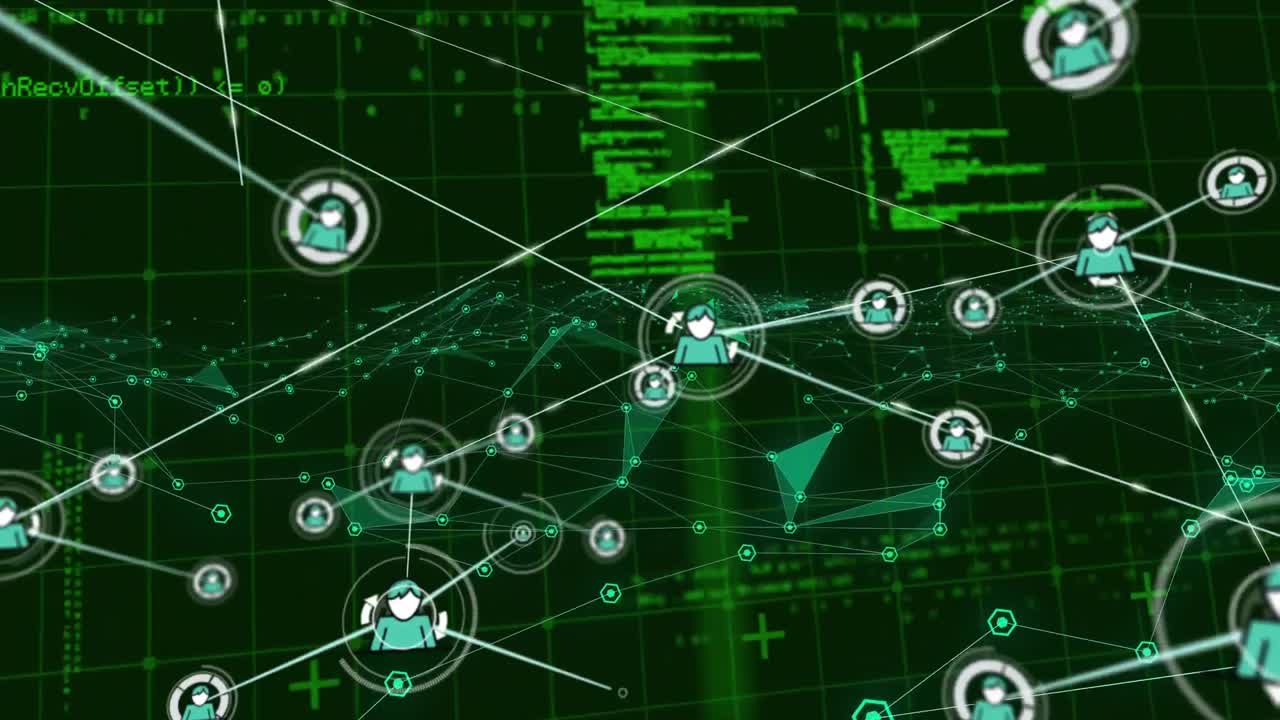 Network of connections over grid network against data processing on black background