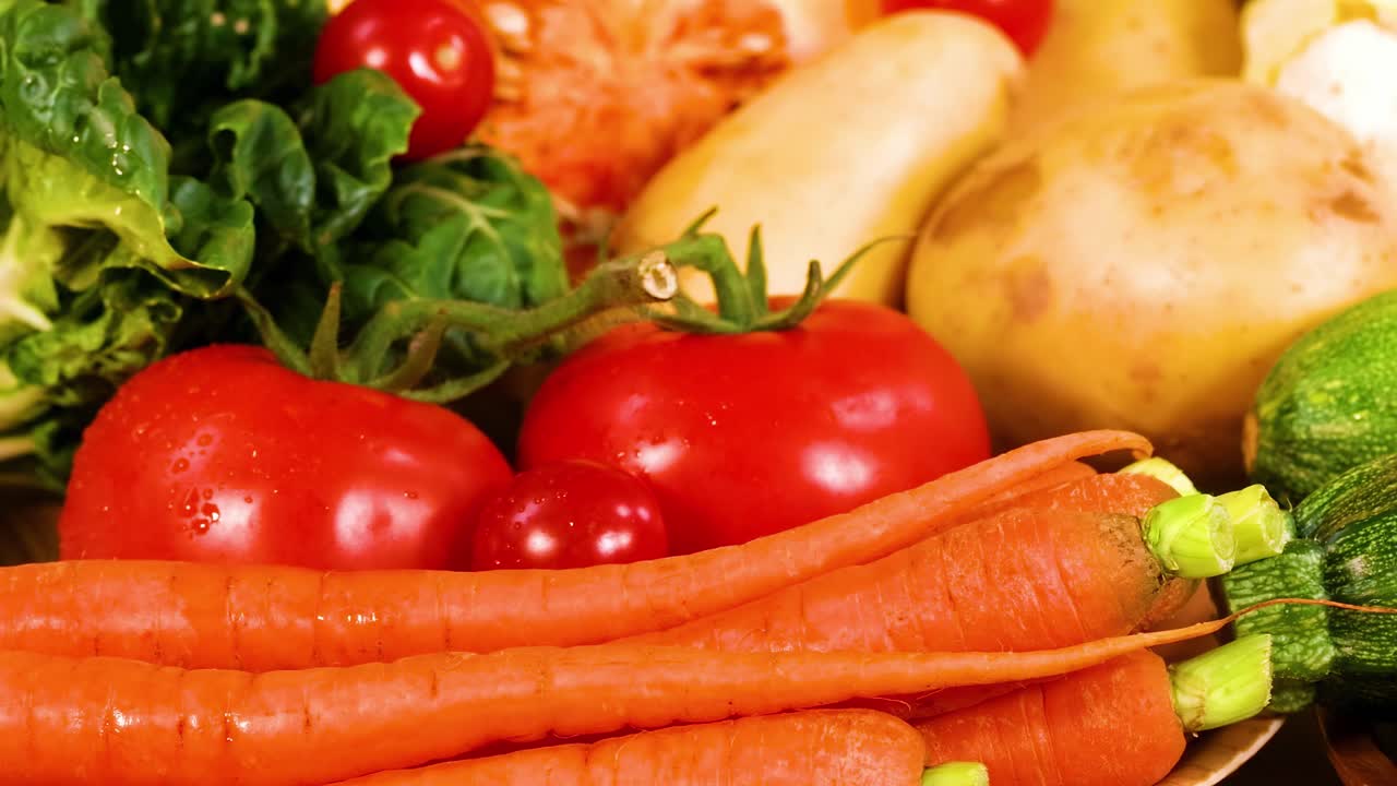 Una vivace esposizione di carote fresche, pomodori, patate, zucchine e cavolfiore su una superficie di legno.