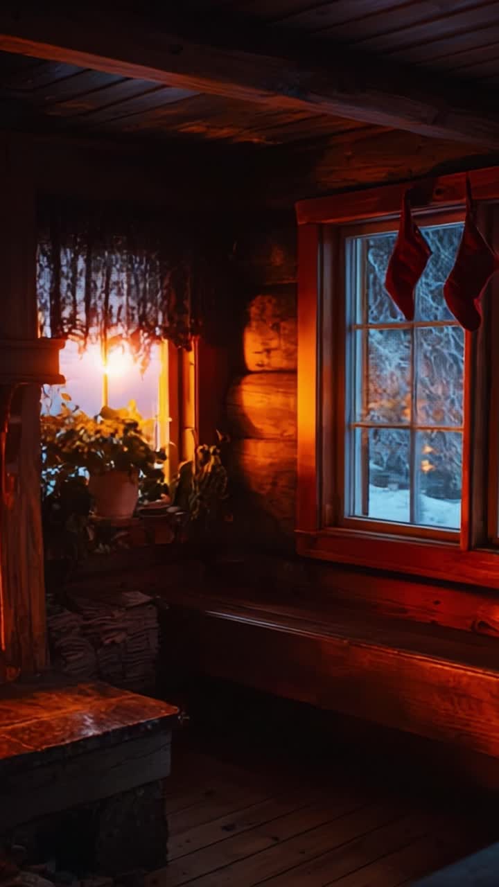 A Cozy Winter Evening in a Rustic Cabin, Highlighting the Warm Glow of Sunset Through Frosted Windows, Enhanced by Holiday Decorations and the Timeless Charm of Wood Accents and Soft Lighting