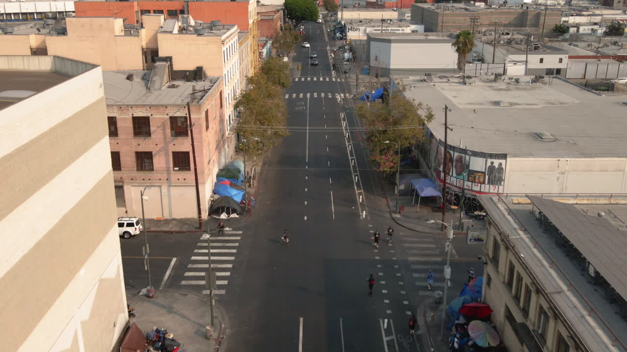 Aerial View of Urban Homeless Encampment on a City Street