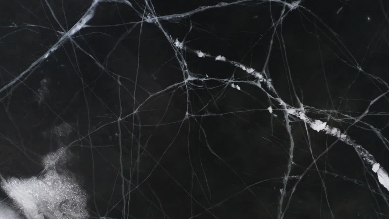 venas heladas blancas en la superficie del lago congelado oscuro, de arriba hacia abajo