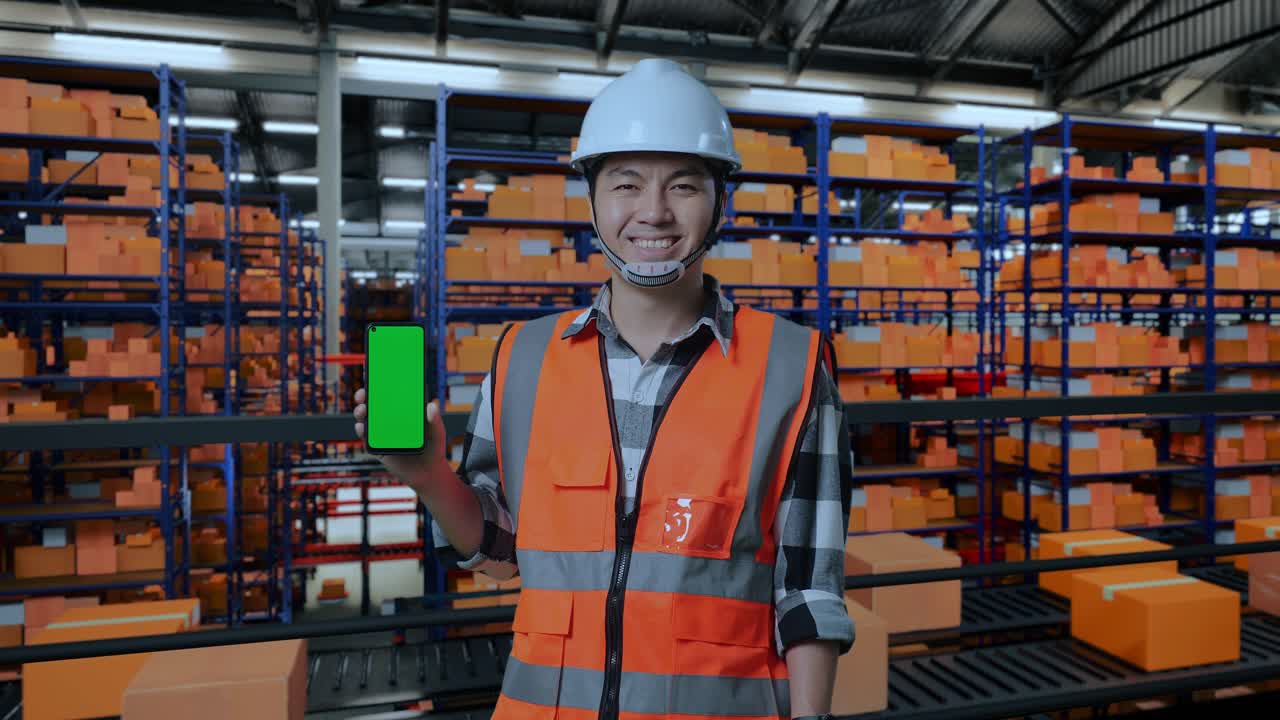 ingeniero masculino asiático con casco de seguridad de pie en el almacén con estantes llenos de productos de entrega. sonriendo y mostrando el teléfono inteligente de pantalla verde a la cámara en el almacenamiento