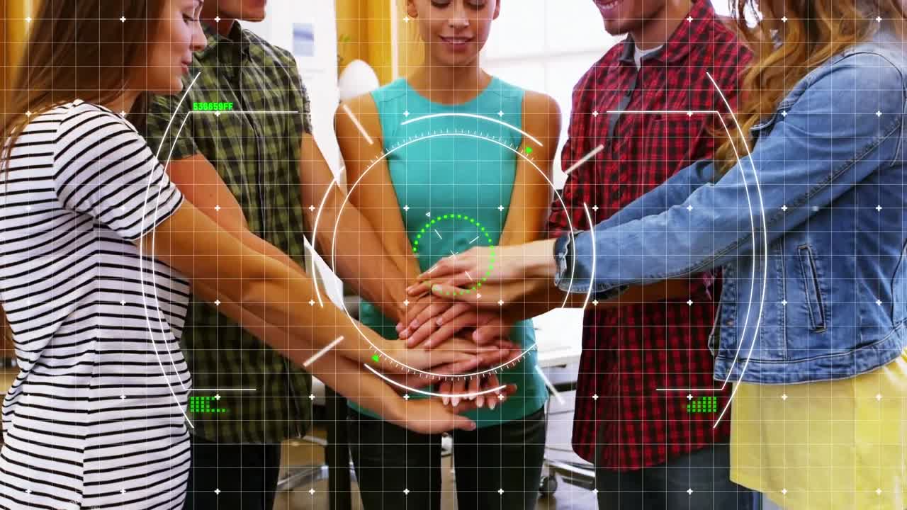 Animation of scope and data processing over diverse business people in office