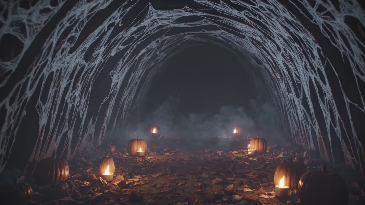 Spiderwebs enveloping a dark tunnel create a chilling atmosphere, with glowing pumpkins and flickering candles scattered on the ground, surrounded by swirling fog for a haunting Halloween night