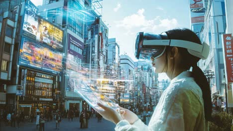 woman experiencing virtual reality in a futuristic city