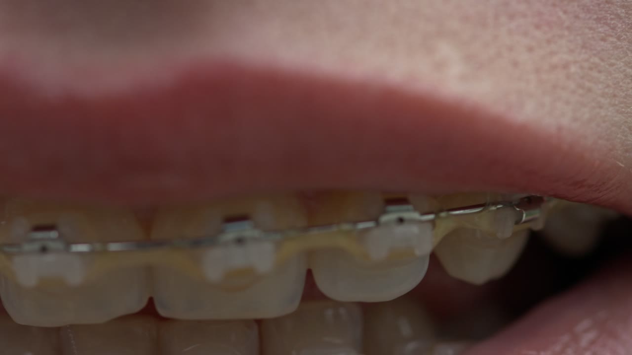 웃는 입의 브라켓 시스템, 교정 교정기가 있는 하얀 치아의 매크로 사진
