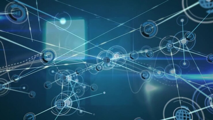Animation of data processing and icons over blue background