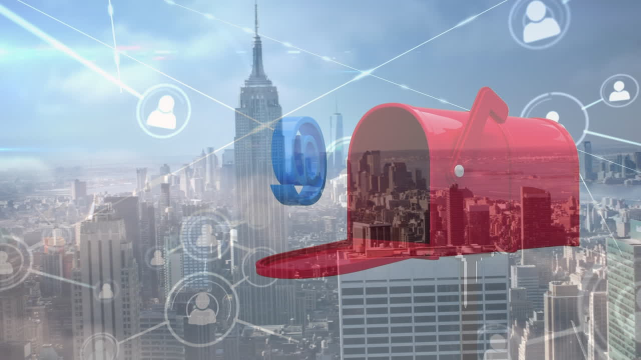 도시 풍경 위에 아이콘과 메일박스로 연결된 네트워크의 애니메이션