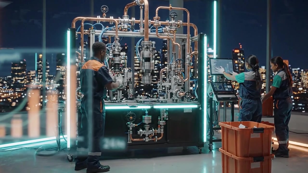 Industringeniører overvåger produktionsmaskine med holografiske data på moderne fabrik.