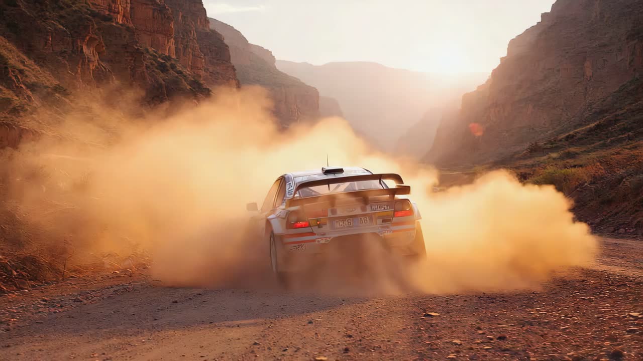 Rally Car Racing Through Dusty Canyon