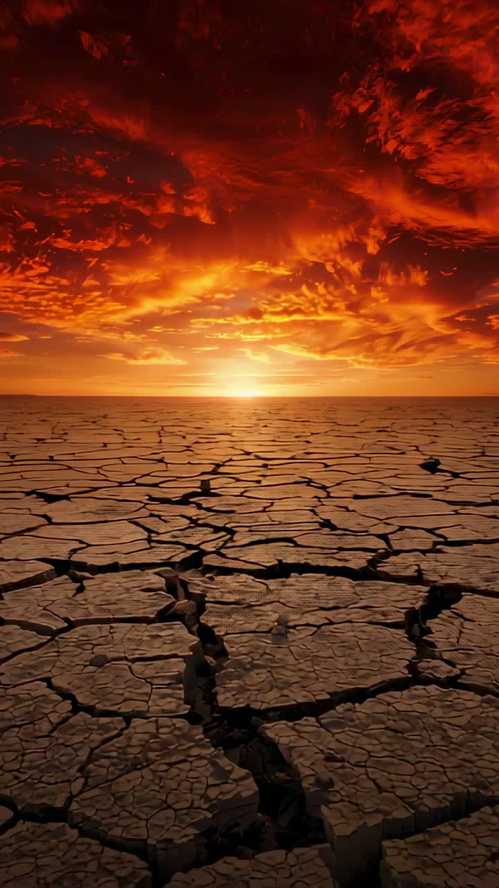Vídeo vertical: dibujo de un sol que se hunde iluminando la tierra agrietada, mostrando una fisura central y nubes rojas