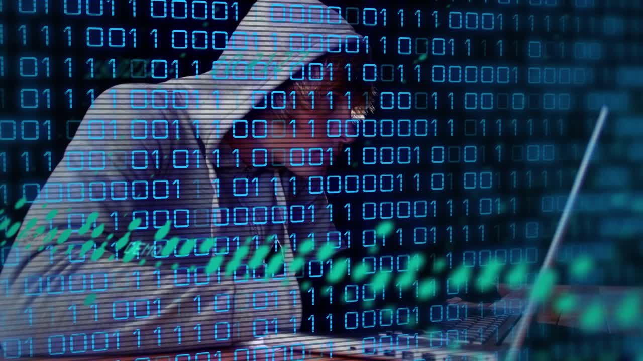 Animation of data processing over caucasian male hacker using laptop