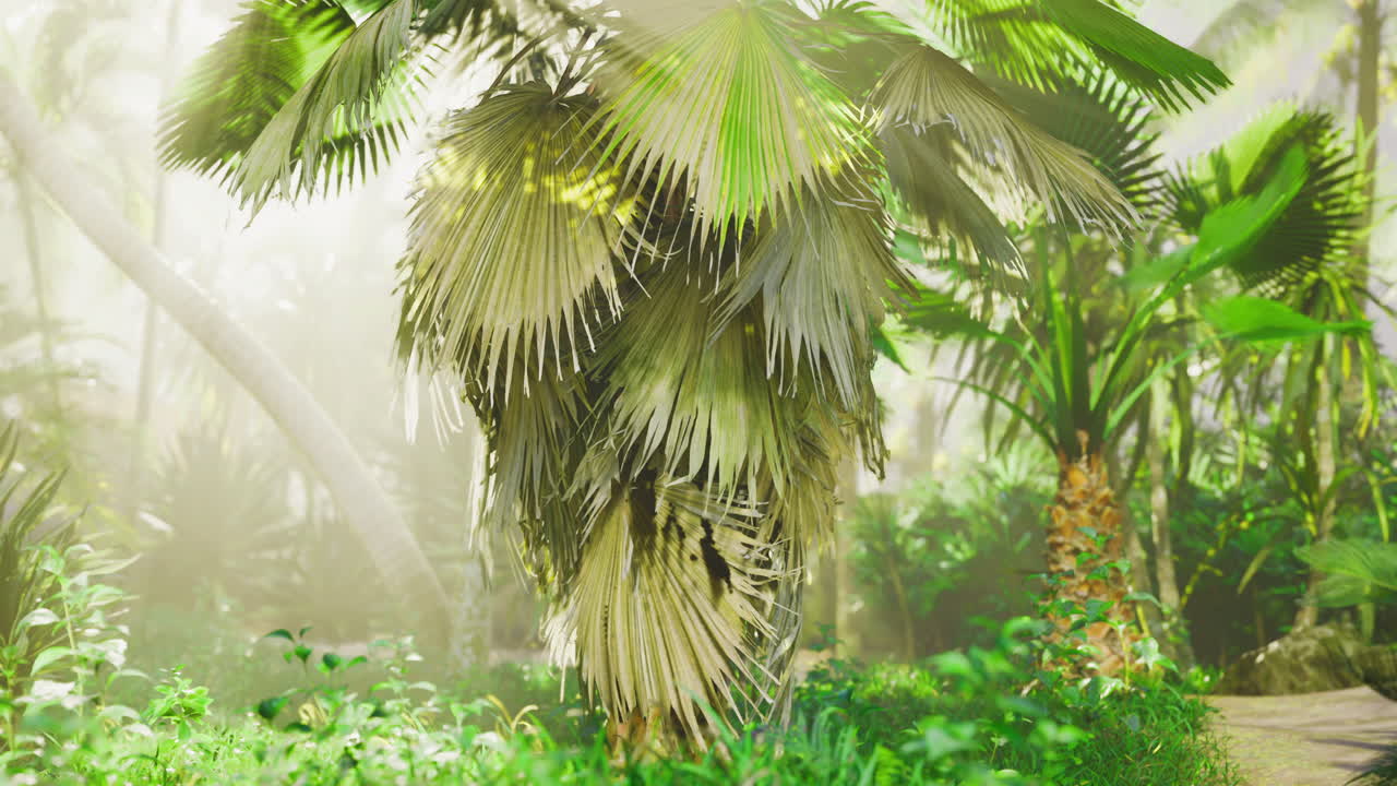 Lush tropical forest with vibrant green plants and gentle mist at dawn