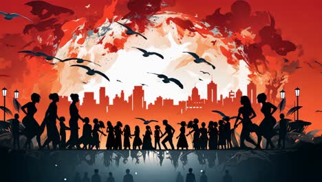 urban silhouettes against a vibrant sunset with flying birds
