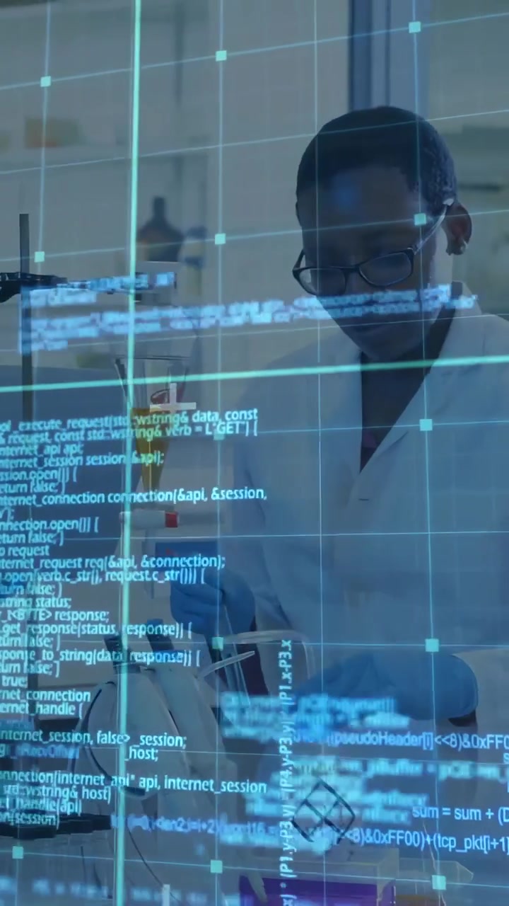 Vertical video: Lab researcher handing tube, pipetting funnel as blue code UI guiding verification