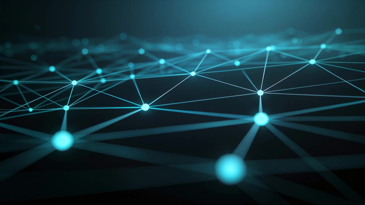 Moving camera revealing animated network mesh gliding over dark void, highlighting turquoise nodes
