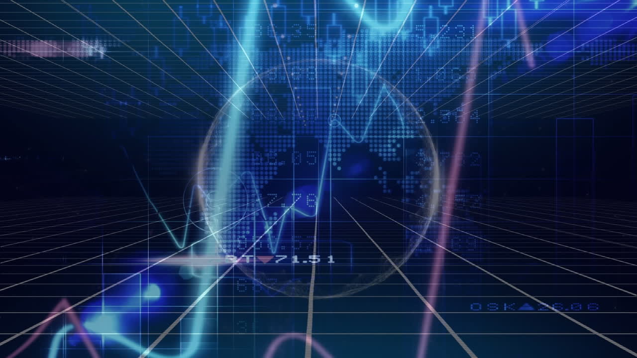 Animation of data processing and globe over black background