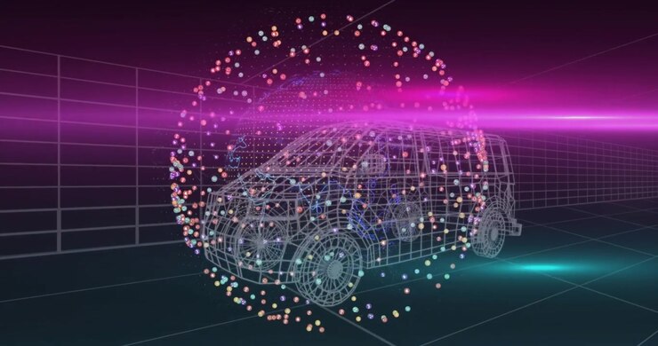 Upon particle convergence in 3D, wireframe car emerging as magenta beam scans to showcase design