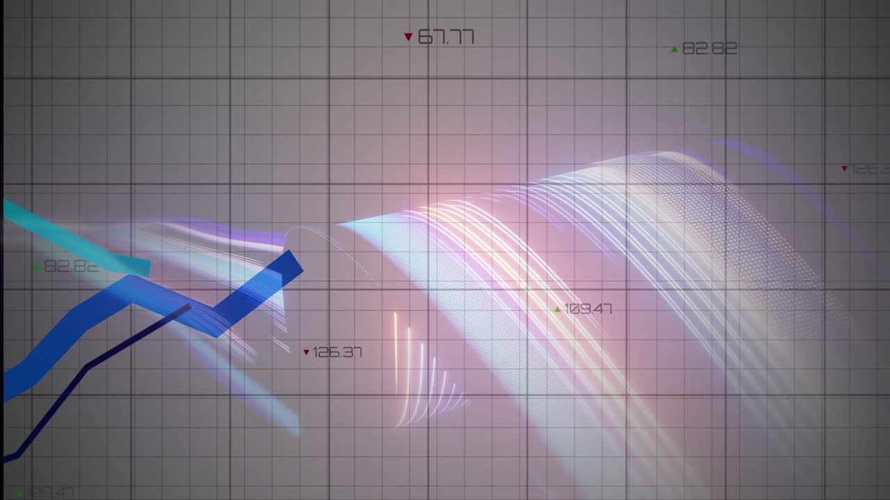 Grid display showing data visualization with gradient curves colored arrows numeric indicators