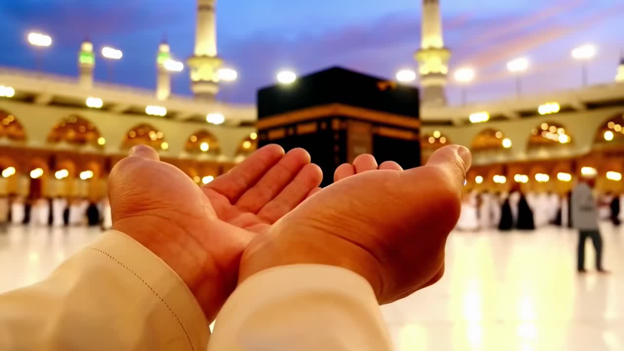 Mani in preghiera in una moschea, vista dal basso. Cattura un'atmosfera spirituale, ideale per video.