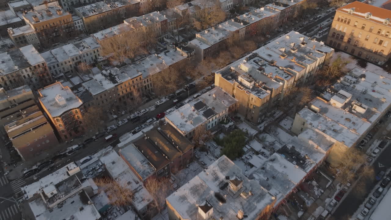 Aerial view of Bedford-Stuyvesant Brooklyn on a winter day. Shot in New York City