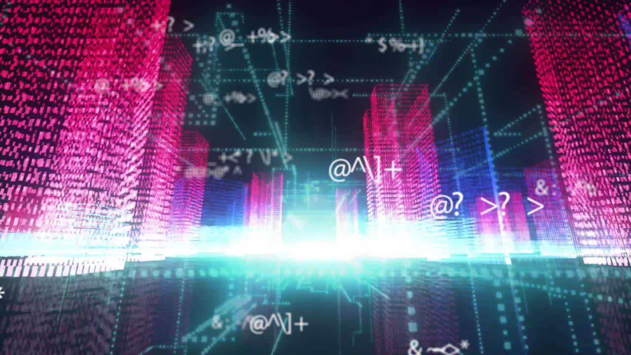 Coding animation and digital symbols over futuristic cityscape with glowing skyscrapers