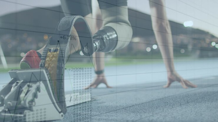 Animation of data processing over disabled caucasian sportsman