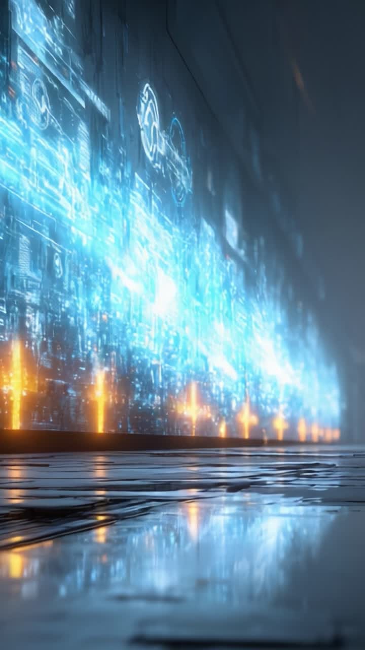 Un viaggio accattivante attraverso un corridoio di dati futuristico: flussi di luce illuminati e motivi digitali che trasformano un ambiente ad alta tecnologia.