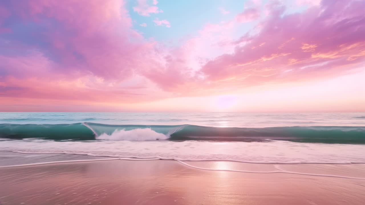 A serene beach scene at sunset with pink clouds and gentle waves. Captured from a low angle, perfect