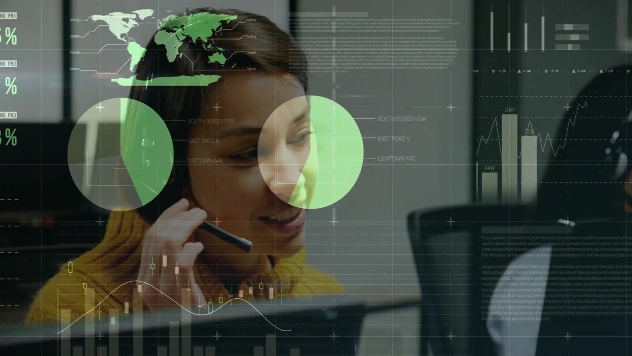 Customer support agent speaking into headset at office, showing world map, bar charts, percentages
