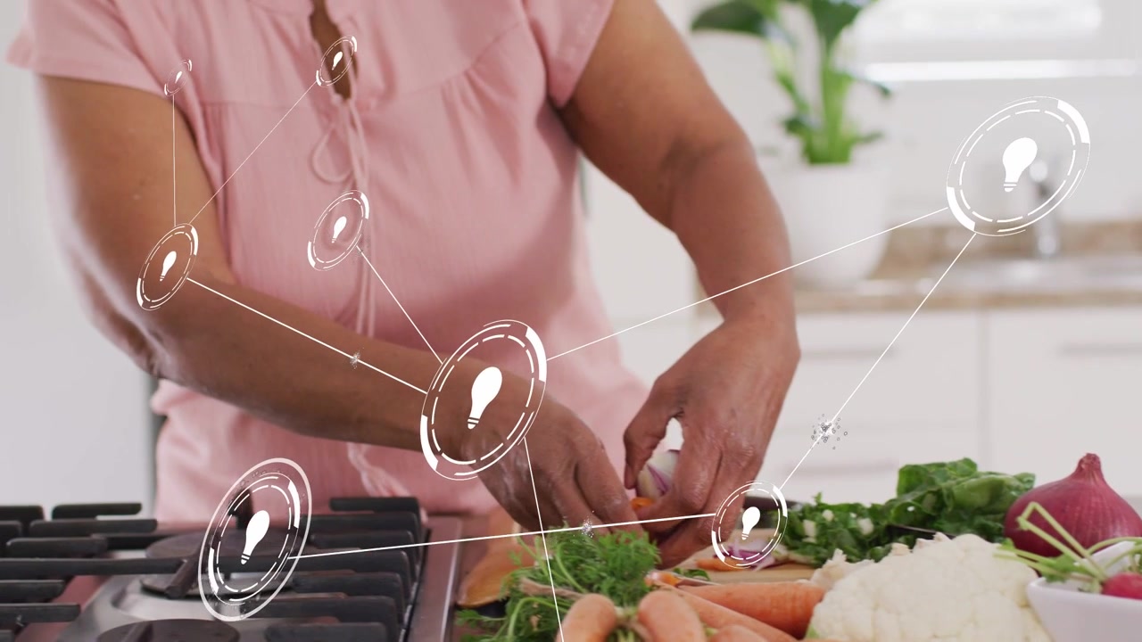 Woman trimming carrots, activating soft circular overlay, moving pieces into pot for culinary demo