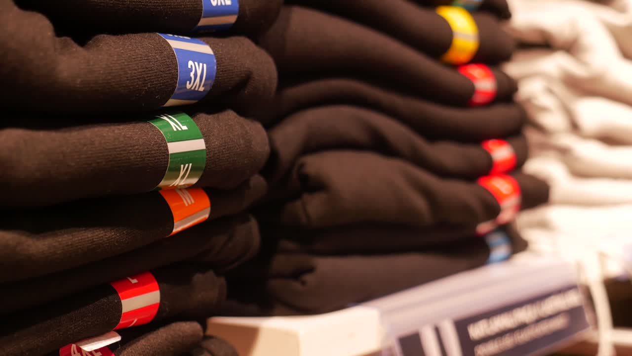 camisas negras apiladas en un estante de la tienda