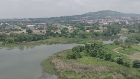 aerial - jabi reservoir lake in abuja, nigeria, africa, forward