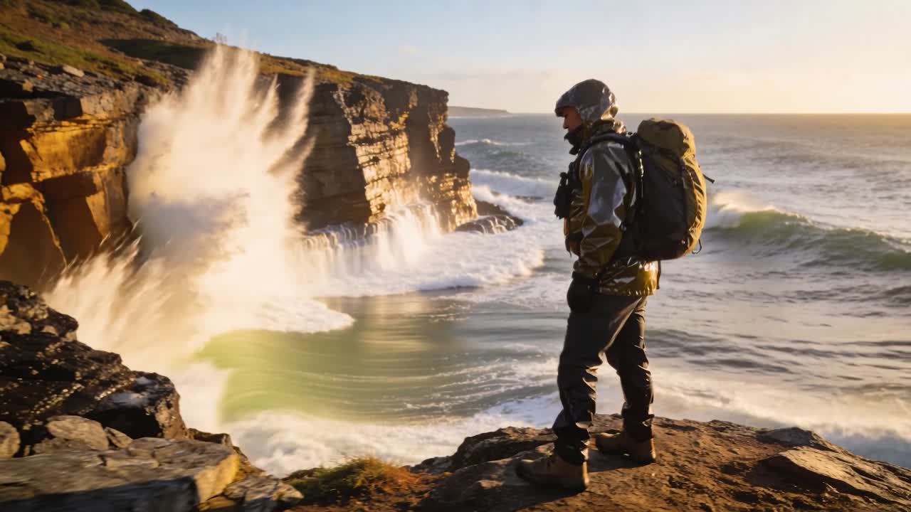 Standing hiker in hooded jacket, backpack stepping back on coastal cliff as waves spray, copy space