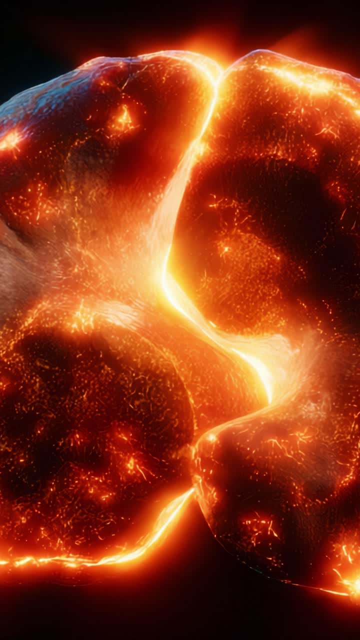 Visualizzazione mozzafiato di corpi celesti infuocati che si uniscono, irradiando energia e luce con dettagli e texture incredibili, catturata in un momento dinamico di trasformazione