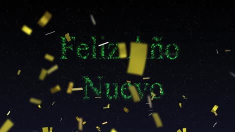 Animation-of-feliz-ano-nuevo-text-in-green-with-new-year-fireworks-and-gold-confetti-in-night-sky